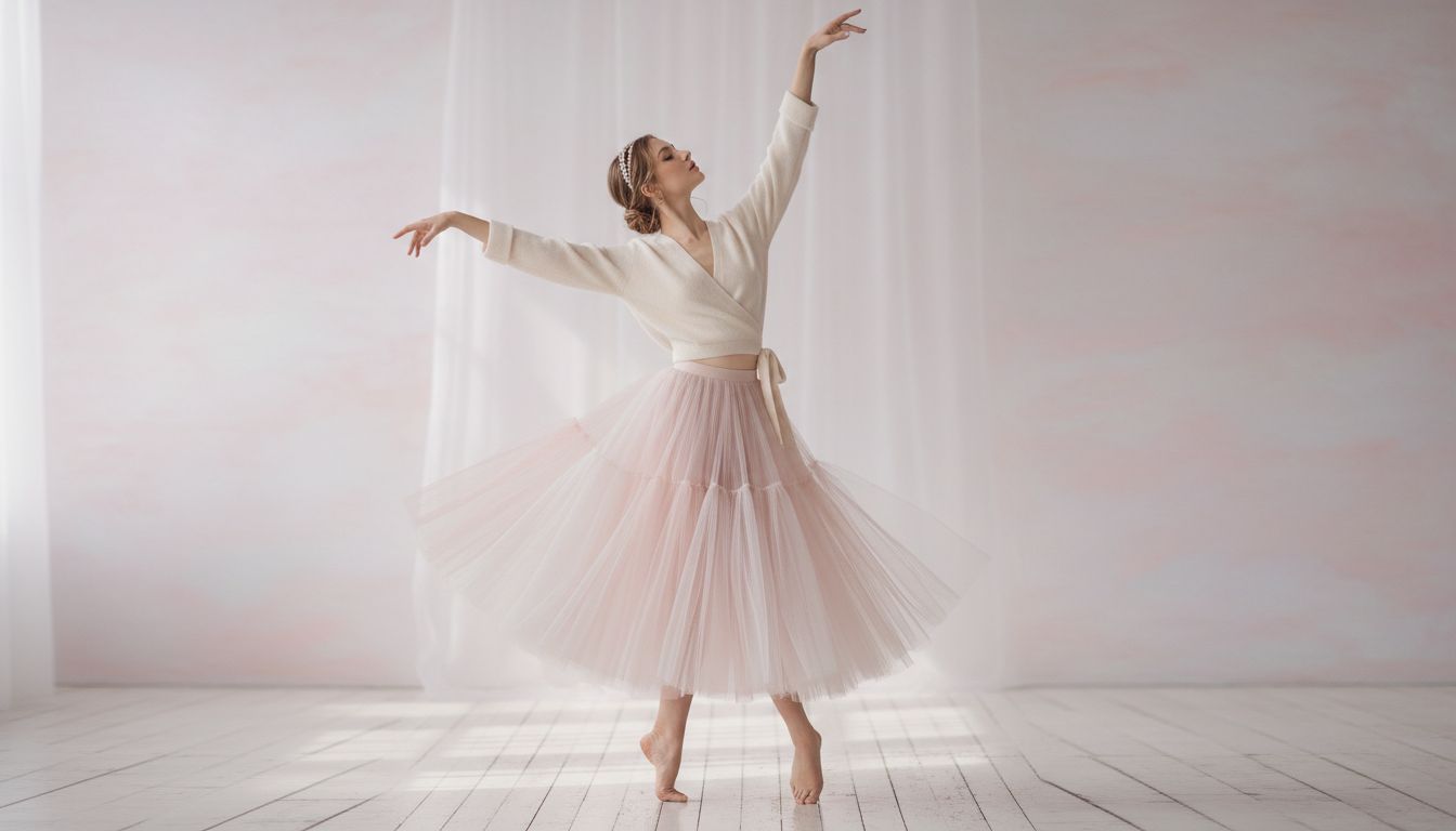Balletcore aesthetic style guide featuring ballet pink tones, wrap cardigan, and soft pink and white palette vibes