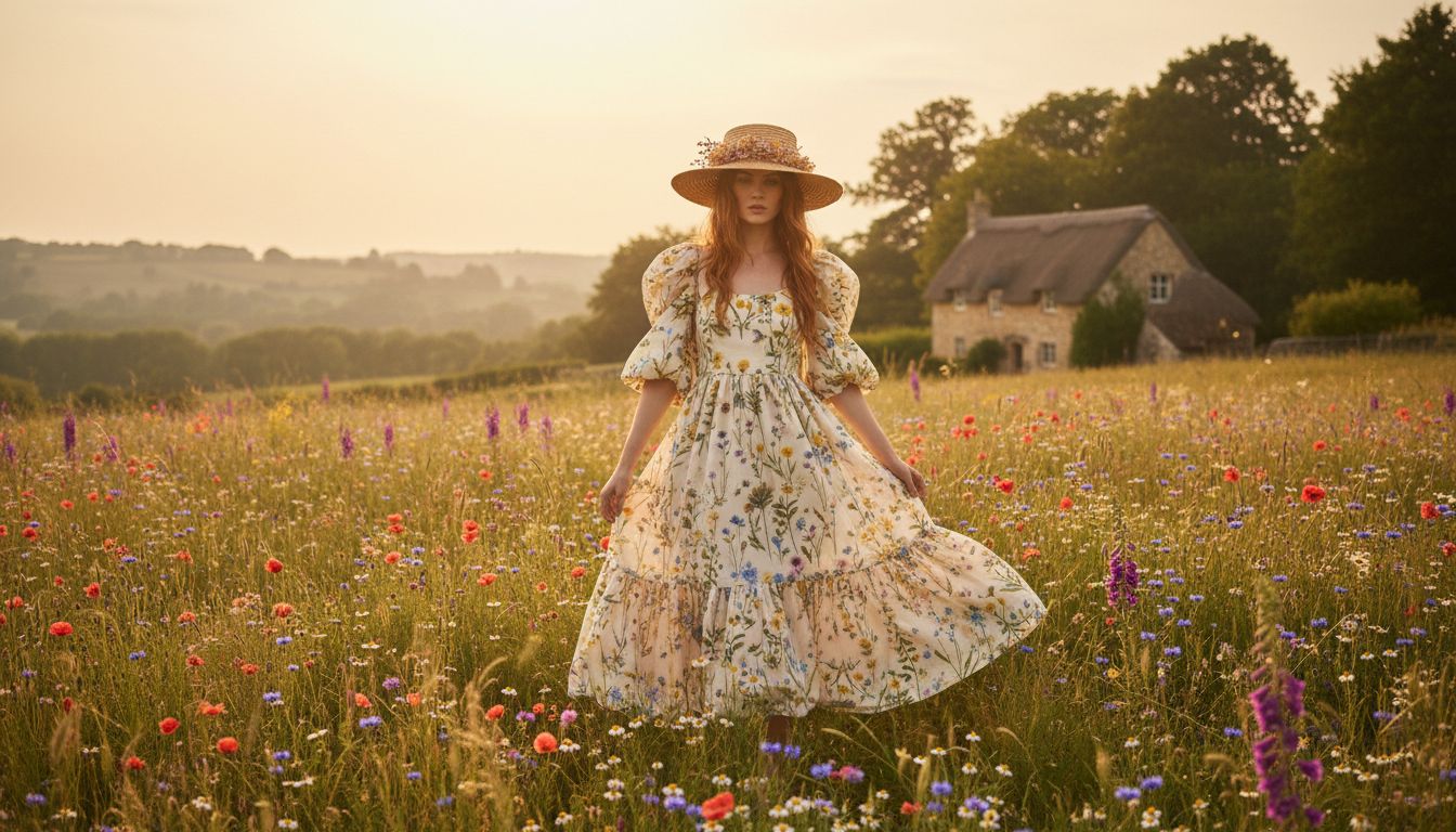 Cottagecore aesthetic style guide featuring sage green tones, floral midi dress, and floral and gingham prints vibes
