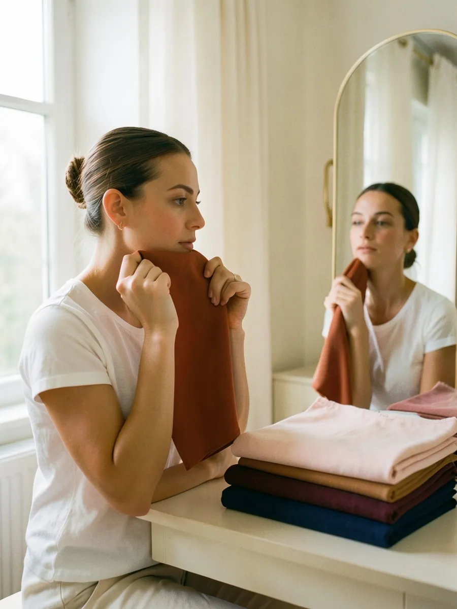 Woman testing her color analysis undertone and draping at home near a window