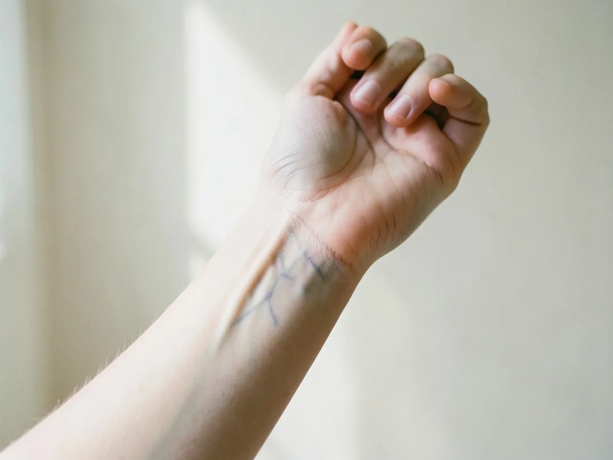 Inner wrist in daylight showing blue-violet veins — the vein test for cool undertones