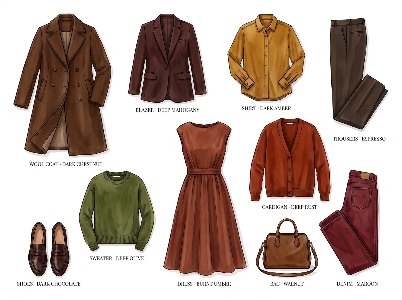 Deep Autumn 10-piece capsule wardrobe â illustrated flat lay