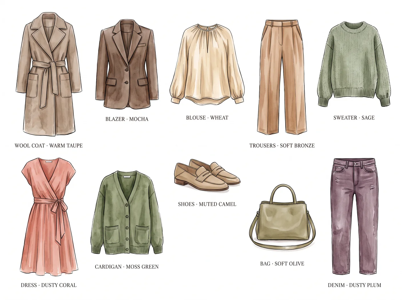 Soft Autumn 10-piece capsule wardrobe — illustrated flat lay