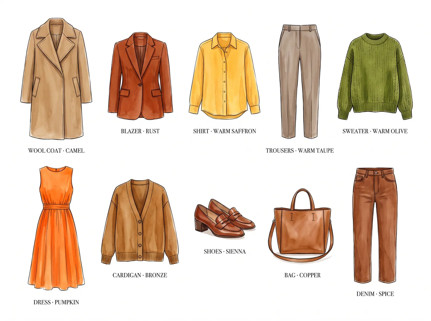 True Autumn 10-piece capsule wardrobe — illustrated flat lay