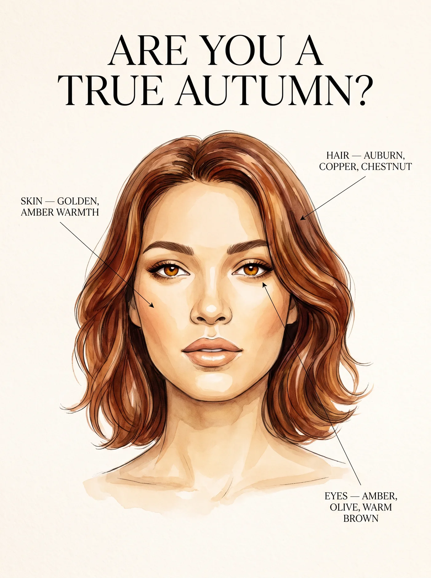 Typical True Autumn coloring — annotated skin, hair and eye guide
