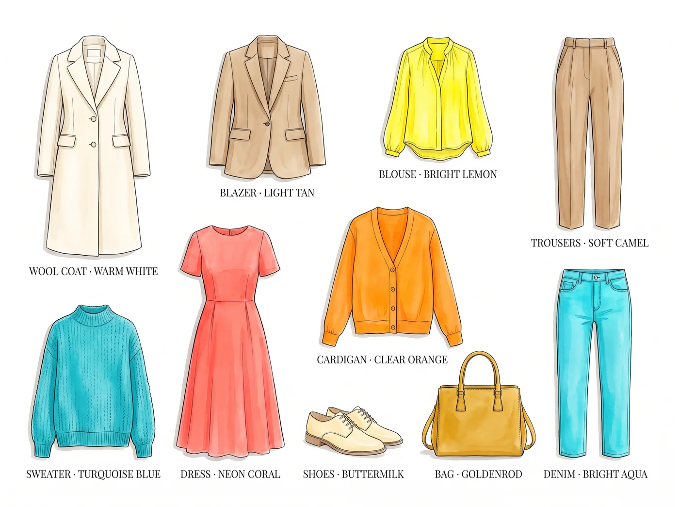 Bright Spring 10-piece capsule wardrobe — illustrated flat lay