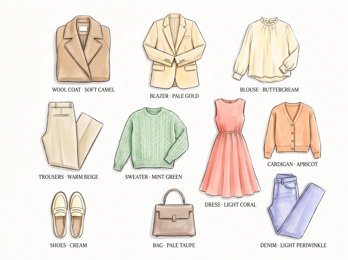 Light Spring 10-piece capsule wardrobe — illustrated flat lay