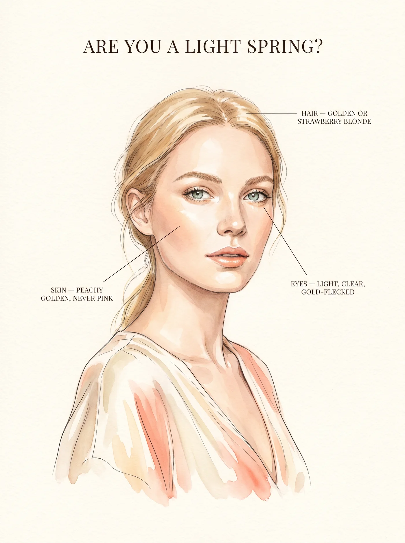 Typical Light Spring coloring — annotated skin, hair and eye guide