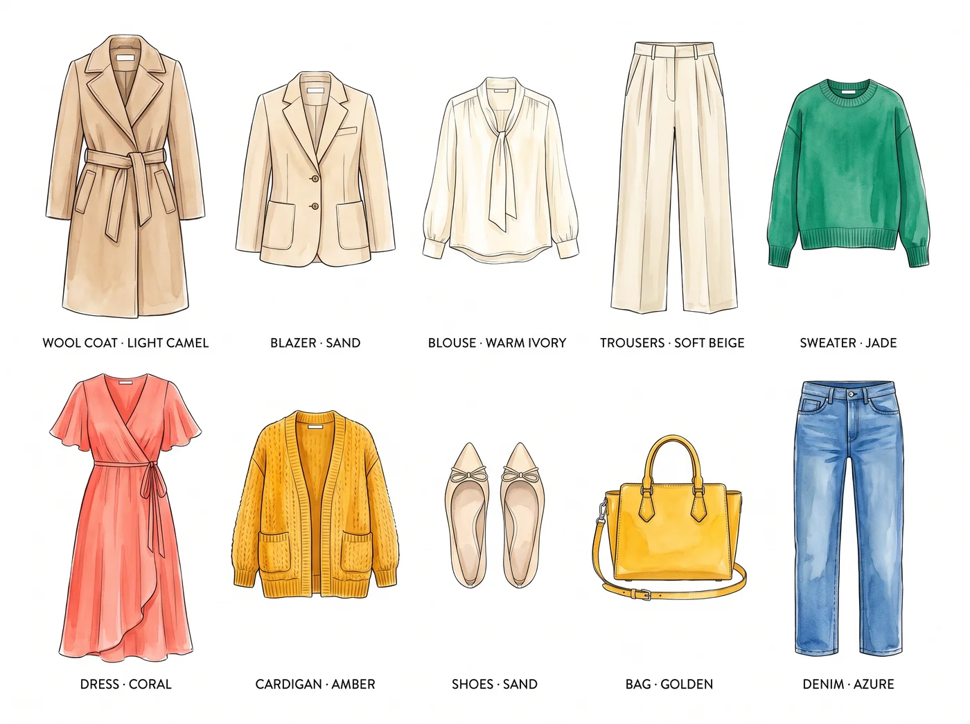 True Spring 10-piece capsule wardrobe — illustrated flat lay