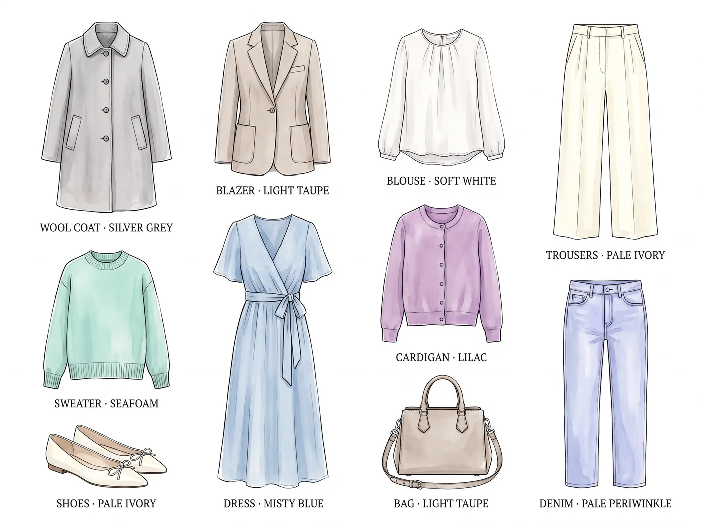 Light Summer 10-piece capsule wardrobe — illustrated flat lay