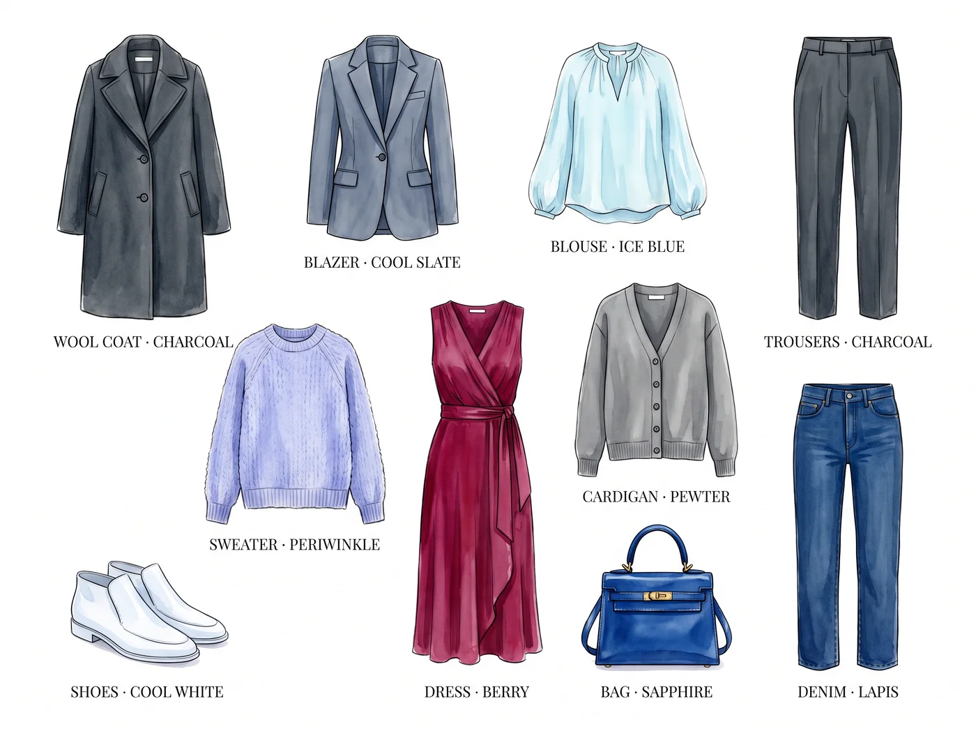 Cool Winter 10-piece capsule wardrobe â illustrated flat lay
