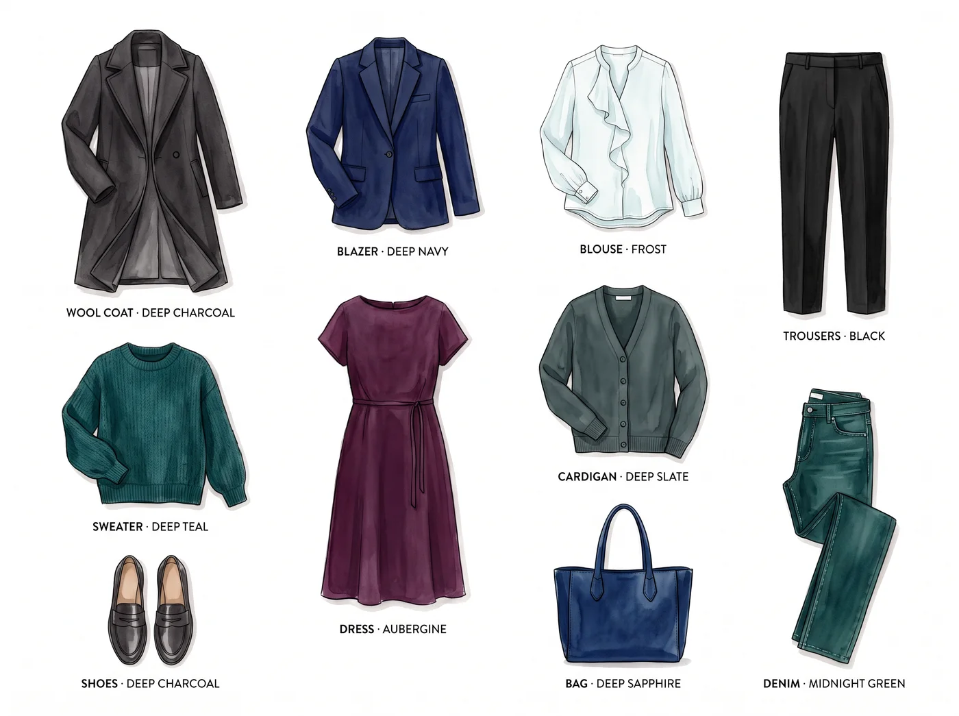 Deep Winter 10-piece capsule wardrobe â illustrated flat lay