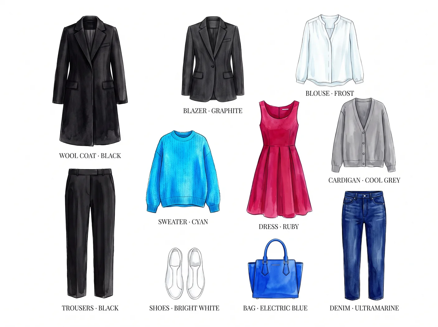 True Winter 10-piece capsule wardrobe â illustrated flat lay