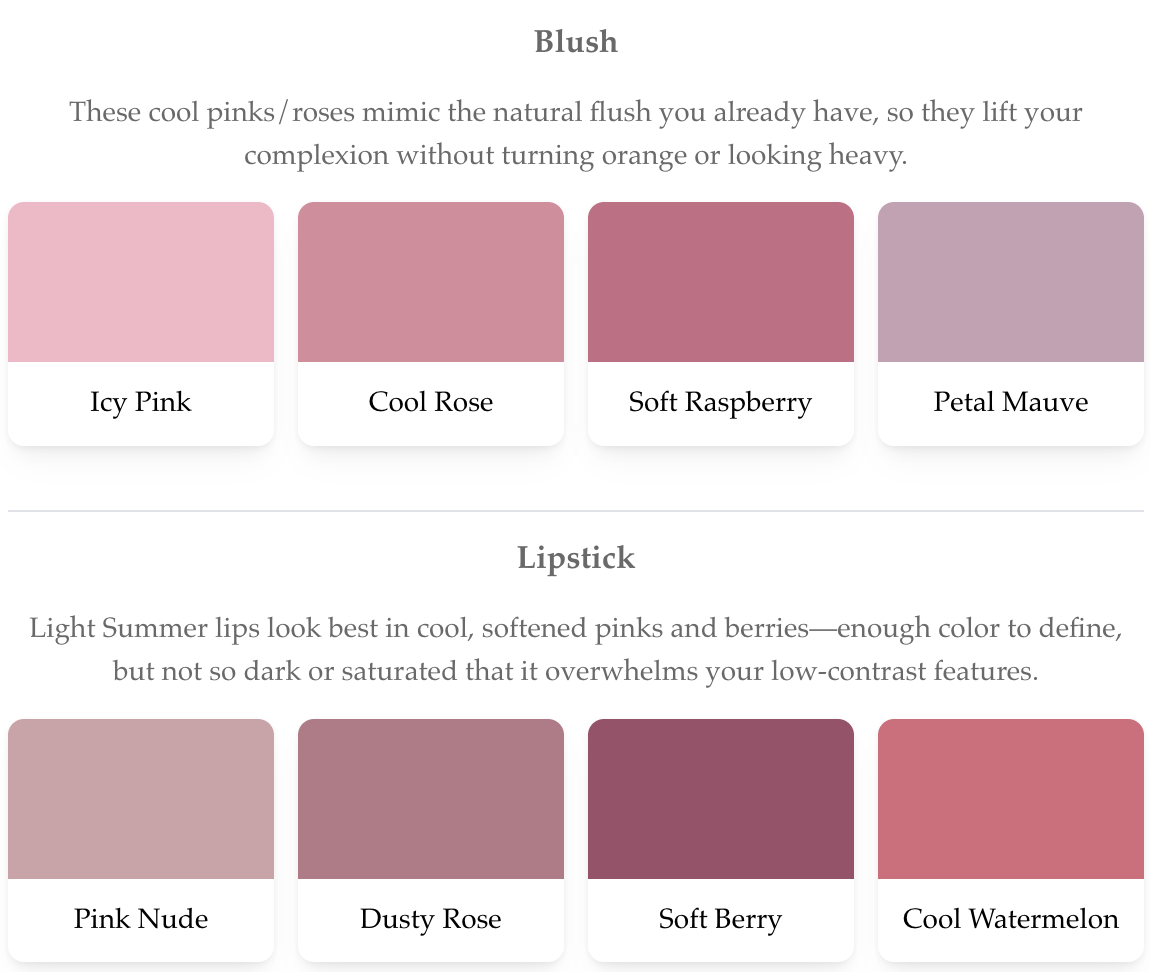 Blush and lip color recommendations